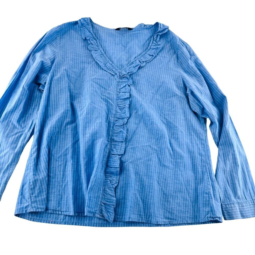 Womens Hayes Blue Striped Ruffled V-Neck Long‎ Sleeve Blouse Top XL